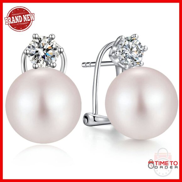 Sterling Silver Pearl Stud Earrings with Cubic Zirconia 10-12mm